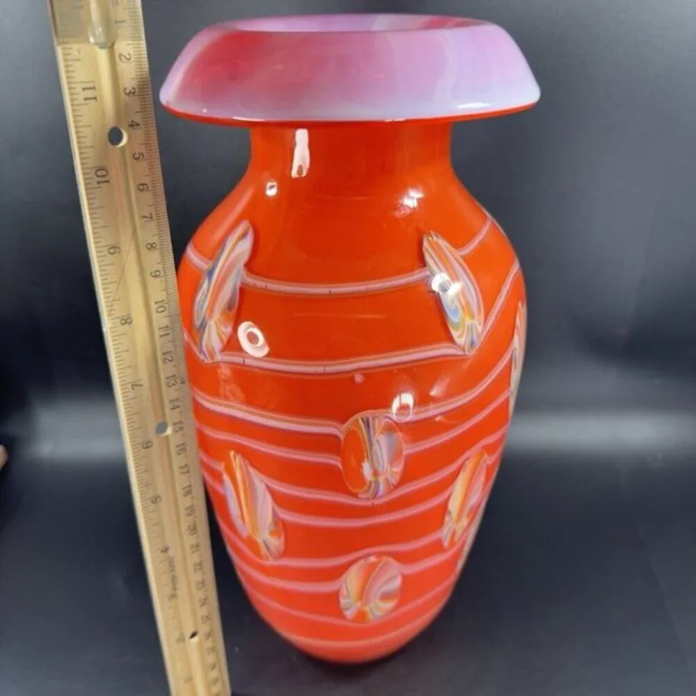 Tall Art Glass Vase Vessel Mushroom Top Orange With White Swirl Glass Vase 12inc